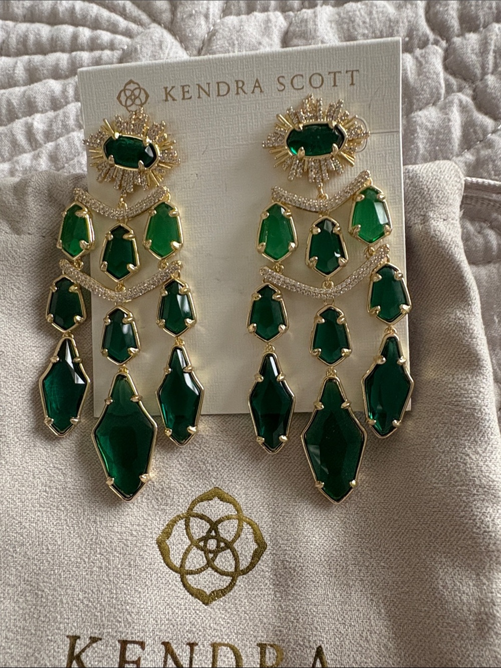 Kendra Scott Gold-Tone Chandelier Earrings with Emerald Green Stones